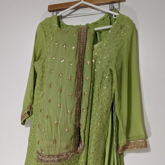 Indian Beaded Kurta with Matching Scarf and Bottoms Lime Green Gold - Picture 2 of 12